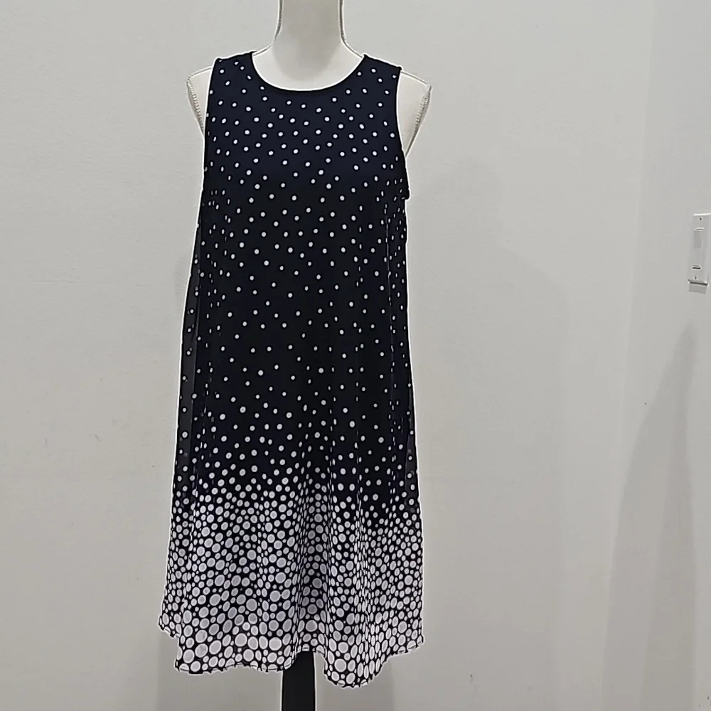 Studio One Navy Blue White Polka Dot Sheer Sleeveless Dress Size 12